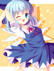 Rule 34 | &gt;;d, 1girl, barefoot, blue dress, blue eyes, blue hair, bow, breasts, cirno, dress, hair bow, hazakura satsuki, highres, ice, ice wings, matching hair/eyes, one eye closed, open mouth, puffy short sleeves, puffy sleeves, shirt, short sleeves, simple background, small breasts, smile, solo, touhou, v-shaped eyebrows, wings