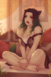 Rule 34 | 1girl, animal ears, babydoll, barefoot, black hair, blush, breasts, cat ears, cat tail, commentary, commission, earrings, english commentary, facial mark, final fantasy, final fantasy xiv, fingernails, gradient hair, green eyes, green hair, indian style, indoors, jewelry, lips, long fingernails, long hair, looking at viewer, medium breasts, miqo&#039;te, multicolored hair, nail polish, navel, nipples, off shoulder, sitting, slit pupils, solo, soranamae, tail, warrior of light (ff14), wavy hair, whisker markings