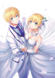 Rule 34 | 1boy, 1girl, ahoge, alternate breast size, arthur pendragon (fate), arthur pendragon (white rose) (fate), artoria pendragon (all), artoria pendragon (fate), bad id, bad pixiv id, bare shoulders, bead necklace, beads, blonde hair, blue neckwear, blue shirt, braid, breasts, buttons, cleavage, closed mouth, collarbone, collared shirt, commentary, cross, dancing, dress, earrings, fate/grand order, fate/prototype, fate/stay night, fate (series), flower, formal, french braid, from above, from side, gloves, green eyes, grin, hair between eyes, hair flower, hair ornament, hair ribbon, highres, holding hands, interlocked fingers, jacket, jewelry, large breasts, light particles, long dress, long sleeves, looking at viewer, looking to the side, necklace, necktie, official alternate costume, open clothes, open jacket, pants, petals, pocket, print dress, print gloves, ribbon, saber (avalon celebrate) (fate), saber (fate), see-through, seungju lee, shirt, short hair, sidelocks, simple background, smile, strapless, strapless dress, striped clothes, striped shirt, suit, tie clip, waistcoat, white background, white dress, white flower, white gloves, white jacket, white pants, white ribbon, white shirt, white suit, white theme, wind, wind lift