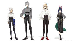 Rule 34 | 4boys, absurdres, adapted costume, alhaitham (genshin impact), alternate costume, animal ear fluff, animal ears, aqua eyes, ascot, baggy pants, belt, black ascot, black belt, black choker, black footwear, black pants, black vest, blonde hair, blue eyes, boots, choker, closed mouth, collarbone, collared shirt, cyno (genshin impact), dark-skinned male, dark skin, earrings, feather hair ornament, feathers, fox boy, fox ears, fox tail, frills, full body, genshin impact, gold, gold earrings, green hair, grey hair, grey shirt, hair between eyes, hair ornament, hair over one eye, hand on own hip, highres, jewelry, kaveh (genshin impact), long hair, long sleeves, looking at viewer, male focus, mandarin collar, multicolored hair, multiple boys, no headwear, pants, puffy long sleeves, puffy sleeves, purple hair, red eyes, shirt, short hair, simple background, standing, tail, tighnari (genshin impact), two-tone hair, unagi to kame, v-shaped eyebrows, vest, white ascot, white background, white shirt, wing collar