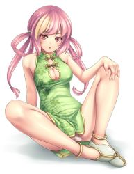 Rule 34 | 1girl, anklet, bad id, bad twitter id, bare shoulders, breasts, china dress, chinese clothes, cleavage, cleavage cutout, clothing cutout, covered erect nipples, dress, floral print, full body, green dress, hair rings, hand on own knee, jewelry, jpeg artifacts, long hair, looking at viewer, mochi.f, open mouth, original, panties, pantyshot, pink hair, red eyes, shoes, simple background, sitting, solo, spread legs, tears, twintails, underwear, white background, white panties