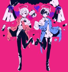 Rule 34 | 2boys, absurdres, amatsuki (utaite), black bow, black bowtie, black footwear, black pants, blue cardigan, blue eyes, boots, bow, bowtie, can, candy, cardigan, closed mouth, curtains, darling dance (vocaloid), derivative work, food, full body, halo, heart, heart-shaped pupils, heart-shaped lollipop, highres, index finger raised, indie utaite, jacket, loafers, lollipop, looking at viewer, male focus, masamune (amatsuki), multiple boys, niconico, off shoulder, pants, pill, pink background, pink bow, pink eyes, pink jacket, shaped lollipop, sheep, shiroko, shirt, shoes, smile, soraru, symbol-shaped pupils, thigh strap, utaite, vocaloid, white shirt
