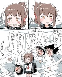 Rule 34 | ..., 10s, admiral (kancolle), blush stickers, brown eyes, brown hair, clenched hands, comic, commentary request, folded ponytail, gomennasai, hair ornament, hairclip, hand on forehead, hands on own face, hat, inazuma (kancolle), kantai collection, neckerchief, nervous, peaked cap, pleated skirt, rigging, school uniform, serafuku, skirt, sleeves past wrists, socks, spoken ellipsis, sweatdrop, tears, translation request, wavy mouth