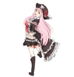 Rule 34 | 10s, 1girl, boots, bow, breasts, bustier, cape, captain liliana, chibibro, drawfag, frills, hat, hat bow, highres, jolly roger, knee boots, long hair, medium breasts, midriff, miniskirt, pink eyes, pink hair, pirate hat, pleated skirt, queen&#039;s blade, queen&#039;s blade rebellion, skirt, skull and crossbones, skull and crossed swords, solo, very long hair
