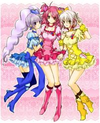 Rule 34 | 3girls, black legwear, blue footwear, blue skirt, boots, cheria barnes, chikaya chiki, choker, cosplay, cure berry, cure berry (cosplay), cure peach, cure peach (cosplay), cure pine, cure pine (cosplay), fresh precure!, hair ornament, heart, heart hair ornament, knee boots, legs, magical girl, multiple girls, pascal (tales), pink background, pink footwear, pink skirt, precure, skirt, sophie (tales), tales of (series), tales of graces, thighhighs, two side up, v, victory pose, yellow skirt