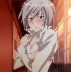 Rule 34 | 1girl, blush, breasts, highres, homura (sekirei), looking at viewer, red eyes, sekirei, short hair, solo, standing, stitched, third-party edit, white hair