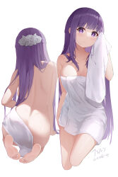 Rule 34 | 1girl, absurdres, ass, barefoot, blunt bangs, breasts, character name, cleavage, closed mouth, collarbone, cropped legs, dated, fern (sousou no frieren), from behind, frown, highres, large breasts, long hair, looking at viewer, naked towel, nude, purple eyes, purple hair, shoulder blades, simple background, soles, solo, sousou no frieren, towel, very long hair, white background, yimiao