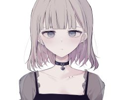 Rule 34 | 1girl, black choker, brown hair, choker, closed mouth, collarbone, ear piercing, earrings, expressionless, eyebrows hidden by hair, grey eyes, heart, heart choker, highres, jewelry, looking at viewer, original, piercing, see-through, short hair, simple background, solo, tsuruse, upper body, white background