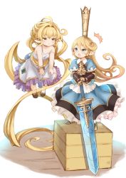 Rule 34 | 2girls, :x, ahoge, armor, armored boots, armored dress, bangle, bare shoulders, blonde hair, blue eyes, blush, boots, box, bracelet, breastplate, charlotta (granblue fantasy), commentary request, crown, dress, floating, frilled dress, frills, gauntlets, gold trim, granblue fantasy, green eyes, hair intakes, harvin, jewelry, long hair, m-eine, melissabelle, multiple girls, open mouth, pointy ears, puffy short sleeves, puffy sleeves, short sleeves, simple background, standing, standing on object, strap slip, ^^^, sword, very long hair, weapon