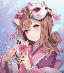 Rule 34 | 1girl, :3, absurdres, bell, blush, bow, brown hair, cat mask, cellphone, closed mouth, commentary, english commentary, frilled kimono, frilled sleeves, frills, hair bell, hair between eyes, hair bow, hair ornament, hands up, highres, holding, holding phone, horns, japanese clothes, jingle bell, kimono, long hair, long sleeves, looking at viewer, mask, mask on head, minj kim, oni horns, original, phone, pink bow, pink eyes, pink kimono, purple bow, single horn, smartphone, solo, sticker, upper body, wide sleeves