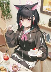 Rule 34 | 1girl, absurdres, animal ears, black choker, black hair, black jacket, black pantyhose, blue archive, blunt bangs, blush, cake, cake slice, cat ears, choker, closed mouth, colored inner hair, commentary, cup, doughnut, drinking glass, drinking straw, eating, electrical outlet, extra ears, food, food on face, fork, green sailor collar, halo, highres, holding, holding fork, holding plate, hood, hood down, hooded jacket, indoors, jacket, kazusa (blue archive), long sleeves, looking at viewer, miniskirt, multicolored hair, neckerchief, pantyhose, pekoku (tamago sushi), pink eyes, pink hair, pink neckerchief, plate, pleated skirt, pout, puffy long sleeves, puffy sleeves, sailor collar, short hair, sitting, skirt, sleeves past wrists, solo, two-tone hair, white skirt
