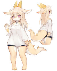 Rule 34 | 1girl, animal ears, arm at side, barefoot, black shorts, blonde hair, brown collar, clothing cutout, collar, collarbone, colored skin, cowboy shot, cropped legs, dragon girl, dragon horns, dragon tail, erumeruta, fingernails, full body, furry, furry female, hand up, highres, horns, long sleeves, looking at viewer, looking back, medium hair, multiple views, off-shoulder shirt, off shoulder, original, pendant collar, red eyes, sharp fingernails, shirt, short shorts, shorts, simple background, slit pupils, spikes, standing, tail, tail through clothes, thighs, white background, white shirt, yellow horns, yellow nails, yellow skin