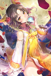 Rule 34 | 1girl, animal ears, bare shoulders, black hair, blush, cat ears, collar, covering own mouth, cowboy shot, detached sleeves, flower, frilled collar, frilled shirt collar, frilled sleeves, frills, glint, hair flower, hair ornament, head tilt, highres, long sleeves, looking at viewer, naeun (pinky1866), orange eyes, orb, parted bangs, petals, red flower, red rose, rose, rose petals, shiny skin, short hair, sita vilosa, sleeves past wrists, solo, sword girls, tabard, tareme, thighs