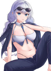 Rule 34 | 1girl, absurdres, arm support, avrora (azur lane), avrora (not cut out for this?) (azur lane), azur lane, bad id, bad pixiv id, barefoot, between breasts, black jacket, black pants, blouse, blue eyes, braid, breasts, cleavage, closed mouth, commentary, detached collar, eyewear on head, hair between eyes, highleg, highleg panties, highres, jacket, jacket on shoulders, large breasts, long hair, looking at viewer, navel, necktie, necktie between breasts, official alternate costume, panties, pants, shirt, sidelocks, simple background, sitting, sleeveless, sleeveless shirt, smile, solo, stomach, sunglasses, twin braids, underwear, very long hair, white background, white shirt, yamamoto warabi
