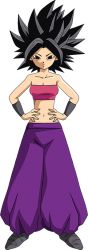 Rule 34 | 1girl, belly, black eyes, black hair, blush, breasts, caulifla, collarbone, crop top, dragon ball, dragon ball super, hands on own hips, looking at viewer, navel, official art, pants, purple pants