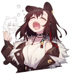 Rule 34 | 1girl, animal ears, arknights, bare shoulders, black gloves, brown hair, brown jacket, bubble, chibi, chibi inset, closed eyes, collar, commentary request, cropped torso, fangs, fingerless gloves, fur-trimmed jacket, fur trim, gloves, hand up, highres, jacket, jitome, long hair, lunacub (arknights), multiple views, open clothes, open jacket, open mouth, ryota tentei, shirt, simple background, tongue, white background, white shirt, wolf ears, wolf girl, yawning