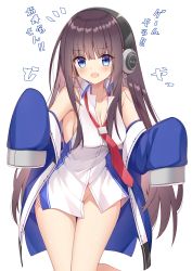 Rule 34 | 1girl, :d, absurdres, armpits, azur lane, bare shoulders, blue eyes, blue jacket, blush, breasts, brown hair, chain, cleavage, collarbone, collared shirt, commentary request, groin, hair between eyes, headphones, highres, jacket, long hair, long island (azur lane), long sleeves, looking at viewer, medium breasts, necktie, no panties, notice lines, off shoulder, open clothes, open jacket, open mouth, red necktie, shirt, simple background, sleeveless, sleeveless shirt, sleeves past fingers, sleeves past wrists, smile, solo, t@ke-g, thigh gap, translation request, very long hair, white background, white shirt