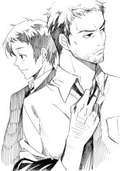 Rule 34 | 2boys, adachi tooru, agahari, atlus, doujima ryoutarou, facial hair, formal, greyscale, manly, monochrome, multiple boys, necktie, persona, persona 4, simple background, sketch, stubble, suit, upper body, white background