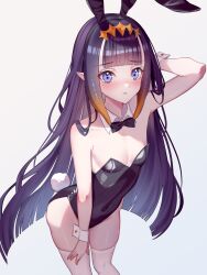 Rule 34 | 1girl, animal ears, bare shoulders, black bow, black bowtie, black leotard, blue eyes, blunt bangs, blush, bow, bowtie, breasts, covered navel, detached collar, diamond hairband, fake animal ears, gradient hair, highres, hololive, hololive english, leotard, long hair, looking at viewer, mole, mole under eye, multicolored hair, ninomae ina&#039;nis, orange hair, playboy bunny, pointy ears, purple hair, rabbit ears, rabbit tail, shirase rin, sidelocks, small breasts, solo, strapless, strapless leotard, tail, tentacle hair, thighhighs, virtual youtuber, white background, white thighhighs, wrist cuffs