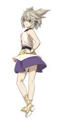 Rule 34 | 1girl, bare arms, bare legs, bare shoulders, belt, black belt, blouse, bracelet, brown eyes, commentary request, earmuffs, grey hair, hand on own hip, highres, jewelry, leon (mikiri hassha), looking at viewer, miniskirt, pointy hair, purple skirt, sandals, shirt, short hair, simple background, skirt, sleeveless, sleeveless shirt, smile, solo, touhou, twisted torso, white background, yellow footwear