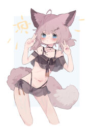 Rule 34 | 1girl, ahoge, animal ears, arknights, bikini, black bikini, blue eyes, blush, closed mouth, collarbone, commentary, cropped legs, double v, flat chest, fox ears, fox girl, fox tail, hair ornament, hairclip, leaning to the side, low twintails, material growth, multi-strapped bikini, navel, off-shoulder bikini, off shoulder, official alternate costume, oripathy lesion (arknights), see-through bikini, short hair, short twintails, solo, sussurro (arknights), sussurro (summer flower) (arknights), swimsuit, tail, twintails, unitedunti, v