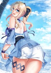 Rule 34 | 1girl, absurdres, back, bare shoulders, beach, belt, black ribbon, blonde hair, blouse, blue eyes, blue sky, breasts, casual, crossed legs, detached sleeves, frilled sleeves, frills, genshin impact, highres, jean (genshin impact), jean (sea breeze dandelion) (genshin impact), jewelry, katou shinobu, looking at viewer, ponytail, ribbon, shirt, shorts, sky, smile, solo, thigh strap, white shorts, wrist cuffs, wristband