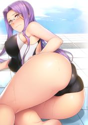 Rule 34 | 1girl, ass, bad id, bad pixiv id, barefoot, blush, breasts, brown eyes, competition swimsuit, fate/stay night, fate (series), from behind, frown, glasses, hair intakes, large breasts, long hair, looking at viewer, looking back, lying, medusa (fate), medusa (rider) (fate), on side, one-piece swimsuit, pool, poolside, purple hair, shiny skin, solo, square pupils, swimsuit, wet, yanagi (tsukiakari)
