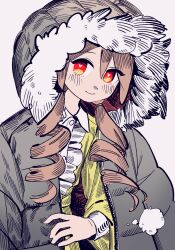 Rule 34 | 1girl, black jacket, blush, brown hair, center frills, closed mouth, collared dress, cowboy shot, down jacket, dress, frills, fur-trimmed hood, fur trim, hair over shoulder, heart, heart-shaped pupils, highres, hood, hood up, hooded jacket, inemuri (jdq5e), jacket, jacket on shoulders, leaning forward, long hair, long sleeves, looking at viewer, low twintails, open clothes, open jacket, puffy long sleeves, puffy sleeves, red eyes, ringlets, seikimatsu hatsukoibanashi (utau), simple background, sleeve cuffs, smile, solo, symbol-shaped pupils, twintails, two-tone eyes, white background, yellow dress, yellow eyes