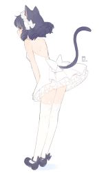 Rule 34 | 10s, 1girl, ahoge, animal ear legwear, animal ears, ankle strap, artist name, back, bad id, bad pixiv id, black footwear, black hair, bow, cat ear legwear, cat ears, cat girl, cat tail, curly hair, cyan (show by rock!!), dress, female focus, flat color, from side, full body, highres, maid headdress, marin (myuy 3), mary janes, petticoat, shoes, short hair, show by rock!!, signature, simple background, solo, standing, tail, thighhighs, white background, white dress, white thighhighs