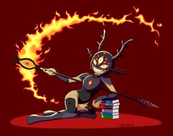 Rule 34 | 1girl, absurdres, adapted costume, amphibia, black footwear, black leotard, book, book stack, boots, bridal gauntlets, corruption, danielsangmr, darcy (amphibia), dark persona, evil, extra eyes, flaming weapon, glowing, highleg, highleg leotard, highres, holding, holding scythe, leotard, looking at viewer, lying, lying on ground, marcy wu, parted lips, possessed, possession, red background, scythe, simple background, sitting, sleeveless, smile, solo, spoilers, the core (amphibia), thigh boots