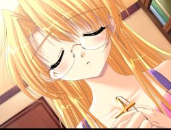 Rule 34 | 1girl, blonde hair, cross, downhill night, emily (pure dream), closed eyes, glasses, long hair, smile, solo, top (company), yano maria