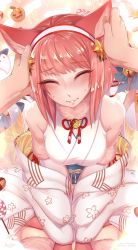 Rule 34 | 1girl, ^ ^, animal ear fluff, animal ears, bare shoulders, bell, blush, cat ears, cat girl, cat tail, closed eyes, commentary, facing viewer, fire emblem, fur collar, grabbing another&#039;s ear, hair ornament, hairband, headpat, highres, japanese clothes, jingle bell, merunyaa, multiple tails, nintendo, original, parted lips, pov, pov hands, red hair, sakura (fire emblem), smile, solo focus, tail, tail bell, tail ornament, two tails