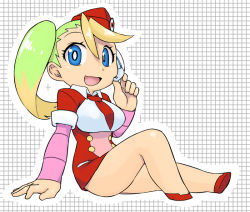 Rule 34 | 1girl, blonde hair, blue eyes, breasts, call (mighty no. 9), call e, dress, full body, garrison cap, hat, headset, image sample, large breasts, long hair, mighty no. 9, multicolored hair, necktie, no feet, pixiv sample, robot, short dress, side ponytail, sitting, skirt, smile, solo, tsukudani (coke-buta), two-tone hair, uniform