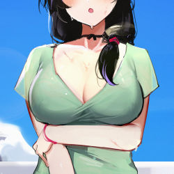 Rule 34 | 1girl, :o, arm under breasts, black hair, blue sky, blush, breasts, cleavage, collarbone, day, ejami, ekko (ejami), green shirt, hair over shoulder, head out of frame, large breasts, long hair, low ponytail, open mouth, original, outdoors, shirt, short sleeves, sky, solo, sweat, upper body