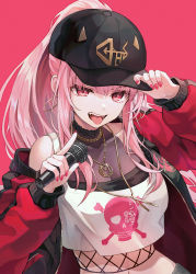 Rule 34 | 1girl, arm up, artist name, bare shoulders, black hat, breasts, covered collarbone, crop top, earrings, fang, hand up, hat, highres, holding, holding microphone, hololive, hololive english, hoop earrings, jacket, jewelry, large breasts, long hair, long sleeves, microphone, mori calliope, mori calliope (streetwear), myung yi, nail polish, navel, official alternate costume, pink eyes, ponytail, puffy long sleeves, puffy sleeves, red background, red jacket, red nails, shirt, skull print, smile, solo, tongue, tongue out, upper body, virtual youtuber