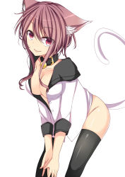 Rule 34 | 1girl, animal ears, bell, black thighhighs, bloodcatblack, breasts, cat ears, cat tail, cleavage, collar, highres, jingle bell, leaning forward, looking at viewer, no panties, original, pink eyes, pink hair, simple background, smile, solo, tail, thighhighs, white background