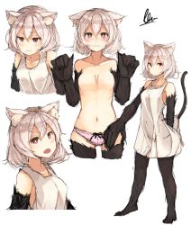Rule 34 | 1girl, animal ears, blush, breasts, brown eyes, cat ears, cat tail, character sheet, claws, dress, fang, looking at viewer, md5 mismatch, navel, original, panties, pink panties, plan (planhaplalan), resized, resolution mismatch, signature, sketch, solo, source larger, tail, tears, topless, underwear, white dress, white hair