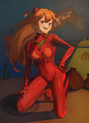 Rule 34 | 1girl, alley, artist request, blue eyes, bodysuit, breasts, brown hair, hand on own hip, highres, interface headset, long hair, medium breasts, neon genesis evangelion, open mouth, pilot suit, plugsuit, rebuild of evangelion, red bodysuit, shiny clothes, simple background, smile, solo, souryuu asuka langley, two side up, wide hips