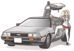 Rule 34 | 10s, 1girl, back to the future, black necktie, blazer, blonde hair, blouse, blue eyes, blue footwear, car, collared shirt, cross-laced footwear, delorean, girls und panzer, grey jacket, gullwing doors, hair intakes, jacket, kay (girls und panzer), long hair, long sleeves, looking at watch, miniskirt, motor vehicle, necktie, open clothes, open jacket, open mouth, pleated skirt, red skirt, saunders school uniform, school uniform, shirt, shoes, simple background, skirt, sleeves rolled up, sneakers, solo, standing, thighhighs, uona telepin, vehicle focus, watch, white background, white shirt, white thighhighs, wristwatch, zettai ryouiki