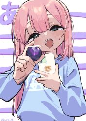 Rule 34 | 1girl, absurdres, blue sweater, blush, bouen, cellphone, dated, drooling, food, fruit, grapes, grey eyes, highres, holding, holding food, holding fruit, holding phone, incoming food, long hair, looking at viewer, open mouth, original, phone, pink hair, smartphone, solo, sweatdrop, sweater, upper body