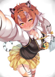 Rule 34 | 1girl, :q, absurdres, animal ears, animal print, antenna hair, arm up, black hair, blush, breasts, breath, buttons, cat girl, cleavage, foreshortening, furrowed brow, garter straps, gloves, hair between eyes, half-closed eyes, hand up, highres, japari symbol, kemono friends, large breasts, leaning forward, licking lips, long hair, long sleeves, looking at viewer, low-tied long hair, miniskirt, multicolored hair, naughty face, necktie, nose blush, orange hair, outstretched arm, pikunoma, plaid, pleated skirt, print gloves, print thighhighs, saliva, selfie, shirt, siberian tiger (kemono friends), skirt, smile, solo, streaked hair, sweater vest, tail, thighhighs, tiger ears, tiger girl, tiger print, tiger tail, tongue, tongue out, undone necktie, white hair, yellow eyes, yellow skirt