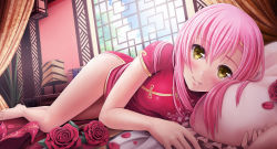 Rule 34 | 1girl, bare legs, barefoot, bed, bedroom, blush, breasts, china dress, chinese clothes, curtains, dress, feet, flower, frilled pillow, frills, hair ornament, hairband, hairclip, hayate no gotoku!, high heels, highres, indoors, katsura hinagiku, lamp, lips, long hair, long legs, looking at viewer, lying, medium breasts, on bed, on side, petals, pillow, pink hair, red dress, red footwear, rose, rose petals, shoes, unworn shoes, short dress, short sleeves, side slit, smile, solo, sunimu, toes, window, yellow eyes
