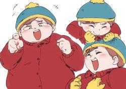 Rule 34 | +++, 1boy, be (ronironibebe), beanie, blush, brown hair, eric cartman, closed eyes, fat, fat man, gloves, hat, jacket, open mouth, red jacket, short hair, smirk, solo, south park, teeth, upper teeth only
