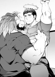 Rule 34 | 2boys, animal ears, arms up, arsalan (housamo), bara, bedroom, black hair, blush, bulge, clothes lift, couple, facial hair, fire, flaming halo, from behind, furry, furry male, furry with non-furry, greyscale, grin, halo, heart, highres, interspecies, lifting another&#039;s clothes, lion boy, lion ears, lion tail, looking at another, male focus, mature male, monochrome, multicolored hair, multiple boys, muscular, muscular male, nipples, pants, shirt, shirt lift, short hair, sideburns, smile, spiked hair, straddling, stubble, sweatdrop, tail, thick thighs, thighs, tight clothes, tight shirt, tokyo houkago summoners, two-tone hair, underpec, undressing another, wafu (youzora samo18), yaoi, zabaniyya (housamo)