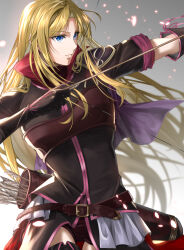 Rule 34 | armor, arrow (projectile), belt, black gloves, black shirt, blonde hair, blue eyes, bow (weapon), breasts, capelet, clarisse (fire emblem), collar, delsaber, elbow gloves, fire emblem, fire emblem: mystery of the emblem, gloves, high collar, highres, leather armor, long hair, nintendo, purple capelet, quiver, red collar, shirt, short shorts, shorts, skirt, small breasts, very long hair, weapon, white skirt