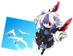 Rule 34 | 1girl, ahoge, bird, blue hair, byourou, crested ibis, head wings, horns, multicolored hair, multiple girls, open mouth, red eyes, short hair, silver hair, single head wing, smile, solo, tokiko (touhou), touhou, two-tone hair, wings