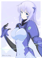 Rule 34 | 1girl, blue bodysuit, blue eyes, bodysuit, breasts, cryska barchenowa, fortified suit, highres, impossible bodysuit, impossible clothes, large breasts, looking at viewer, muv-luv, muv-luv alternative, muv-luv total eclipse, pilot suit, sin sin shinji, skin tight, smile, solo, white hair