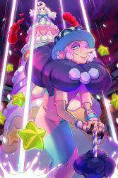 Rule 34 | 1girl, alcremie, bangle, bracelet, commentary request, creatures (company), dress, dynamax band, eyeshadow, from below, game freak, gen 8 pokemon, gigantamax, gigantamax alcremie, gloves, green eyes, green headwear, gym leader, hat, highres, holding, holding umbrella, hunched over, jewelry, lipstick, long nose, makeup, mitama (mokochiko), nail polish, nintendo, old, old woman, opal (pokemon), pokemon, pokemon (creature), pokemon swsh, purple eyeshadow, purple nails, red lips, short hair, short sleeves, single glove, smile, star (symbol), umbrella, white hair
