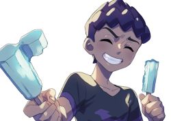 Rule 34 | 1boy, black shirt, closed eyes, collarbone, creatures (company), dark-skinned male, dark skin, double popsicle, food, game freak, grin, highres, holding, hop (pokemon), komame (st beans), male focus, nintendo, pokemon, pokemon swsh, popsicle, purple hair, shirt, short hair, simple background, smile, solo, t-shirt, teeth, upper body, white background