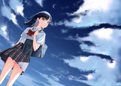 Rule 34 | 1girl, bag, black hair, black skirt, blue eyes, blue sky, breasts, cloud, collared shirt, commentary request, crescent moon, day, dress shirt, dutch angle, long hair, minatoasu, moon, novel illustration, official art, original, outdoors, parted lips, plaid, plaid skirt, pleated skirt, school bag, school uniform, shirt, short sleeves, skirt, sky, small breasts, solo, white shirt